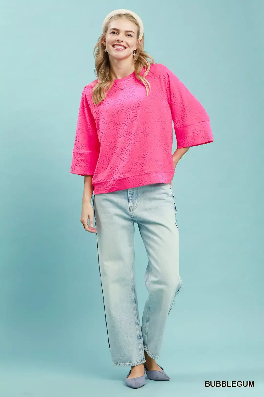 Pink floral terry round neck blouse styled outfit view