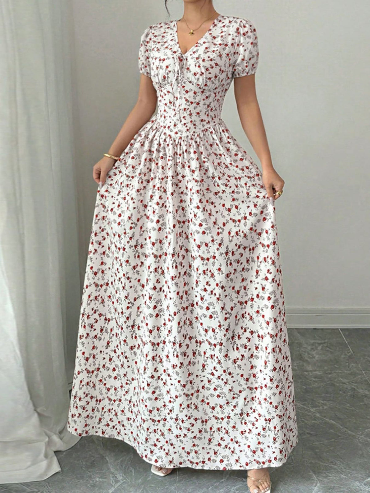 pink pink floral V neck smocked maxi dress side view