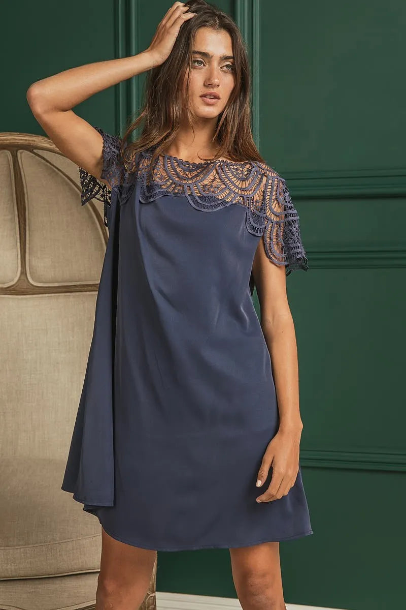 Crochet Lace Yoke Dress in Deep Navy side view