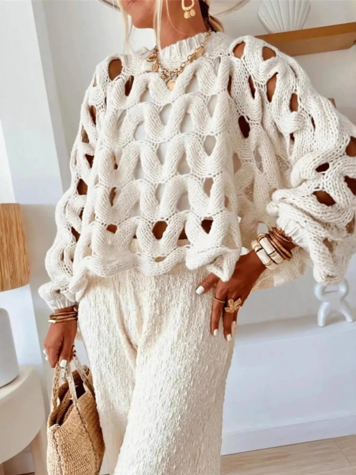 Chunky Cable Knit Cutout Sweater full outfit view