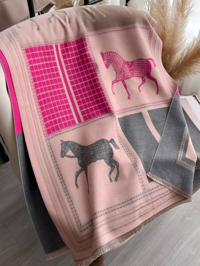 Equestrian print warm scarf in a soft pink tone