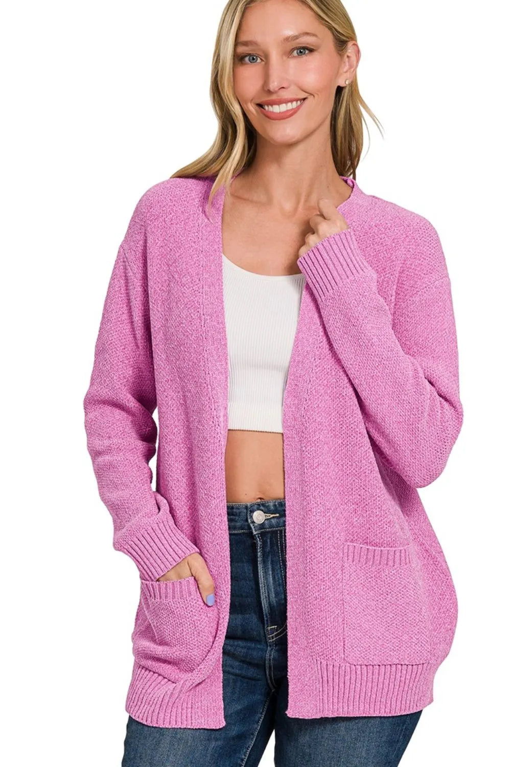 Zenana Melange Open Front Sweater Cardigan MAUVE - Fashorio