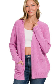Zenana Melange Open Front Sweater Cardigan MAUVE - Fashorio