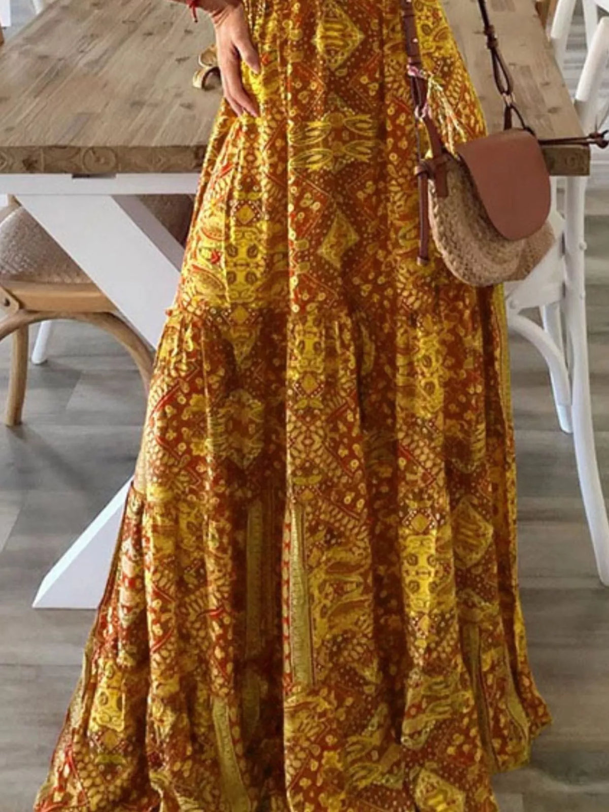 Printed tiered maxi dress back view