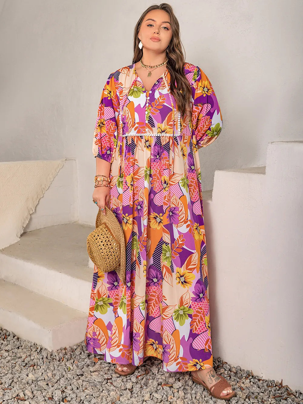 Printed plus size maxi dress side slit