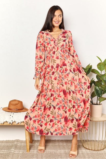 Double Take Floral Frill Trim Flounce Sleeve Plunge Maxi Dress Floral - Fashorio