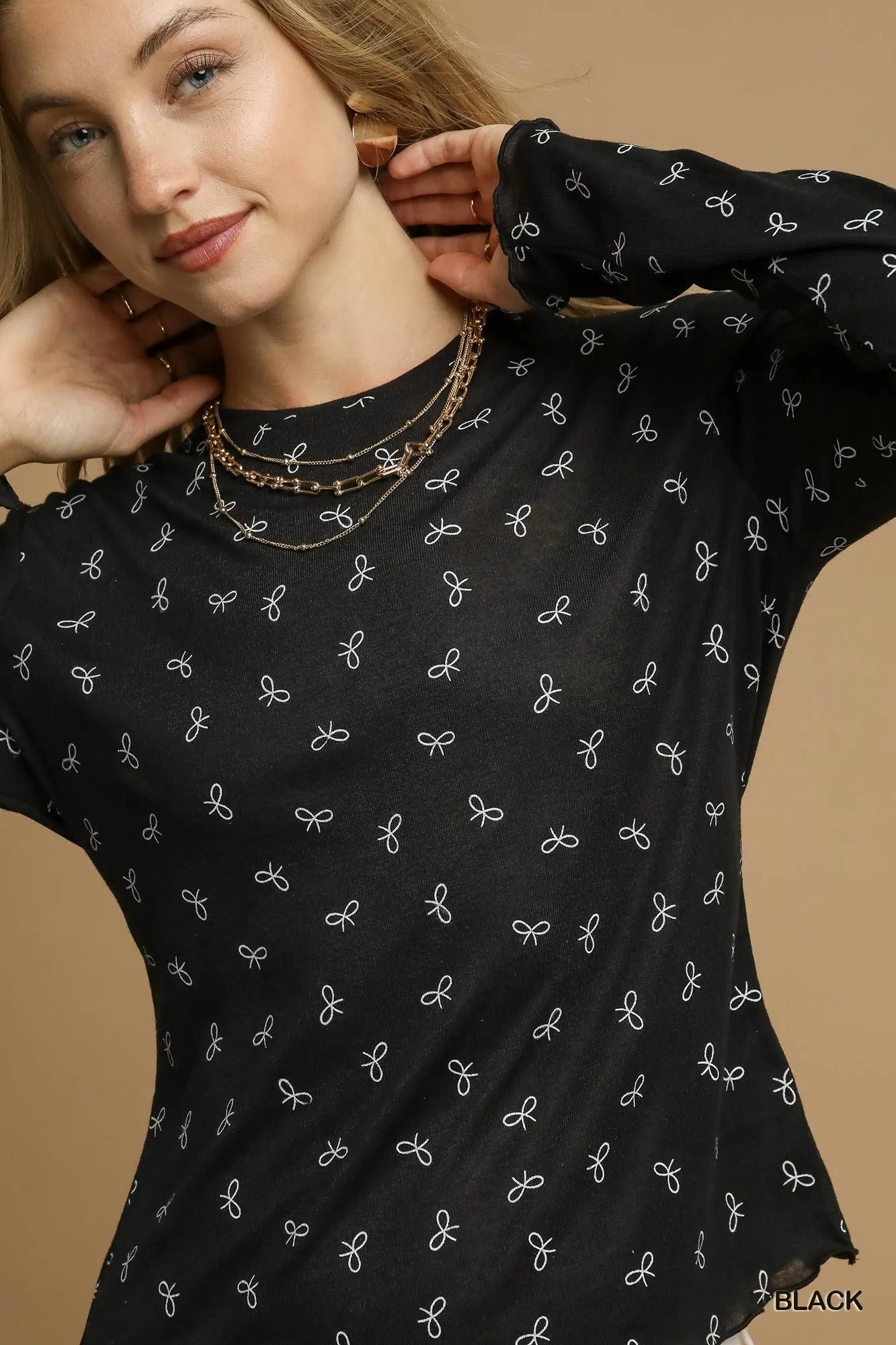 Umgee Bow Print Lightweight Knit Top - Fashorio
