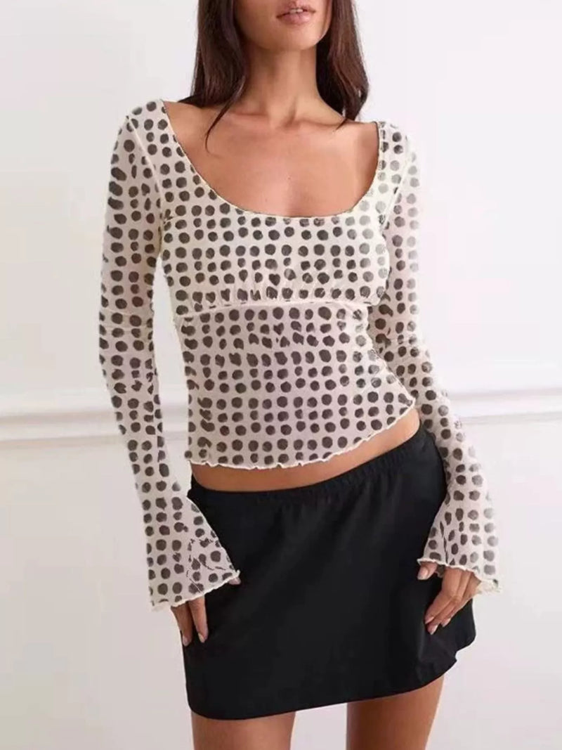Polka dot mesh flare sleeve top front view