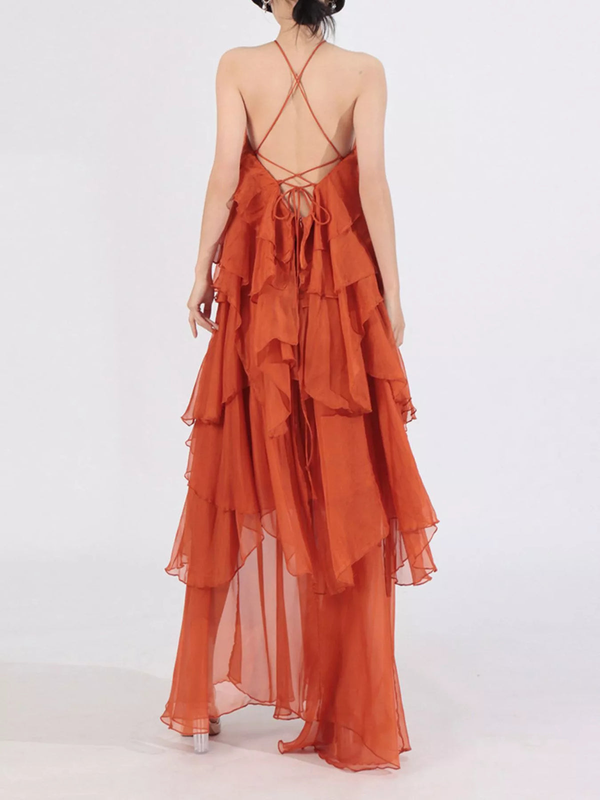 Ruffled chiffon halter neck maxi dress model wearing
