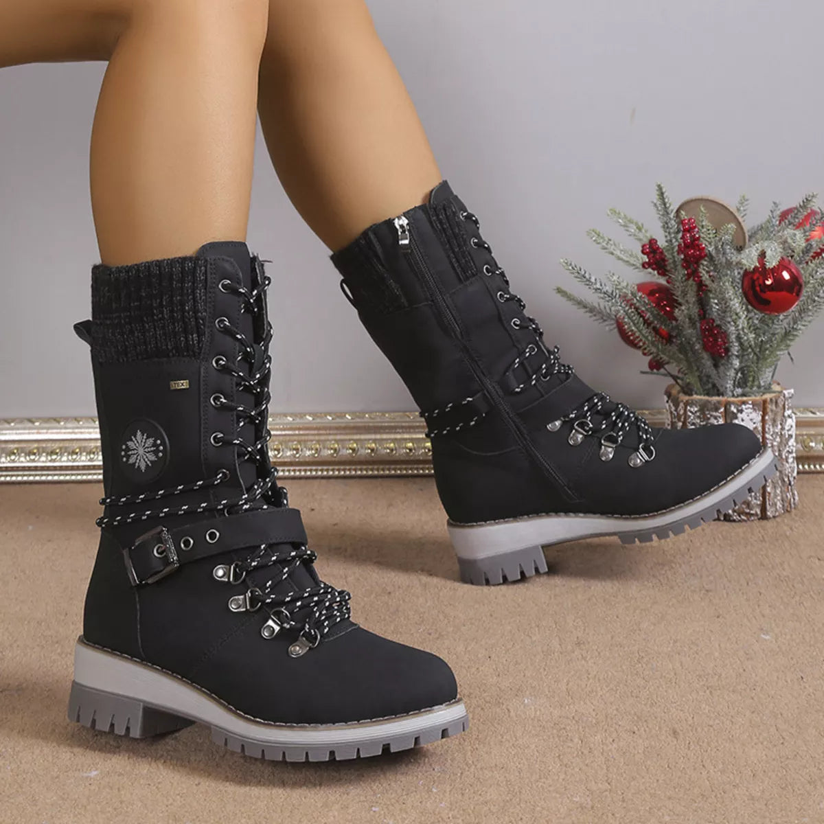 Lace Up Block Heel Boots angled three quarter view