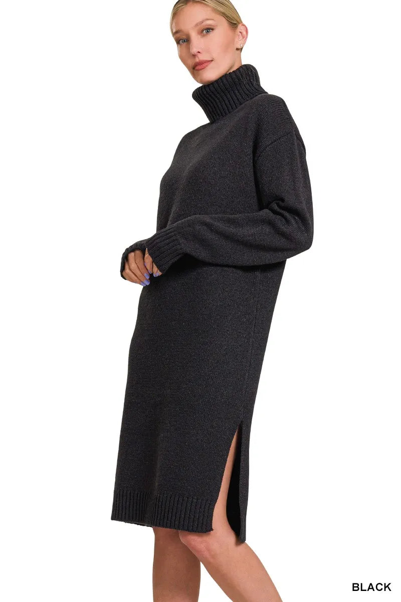 Ribbed Turtleneck Long Sleeve Midi Sweater Dress back view