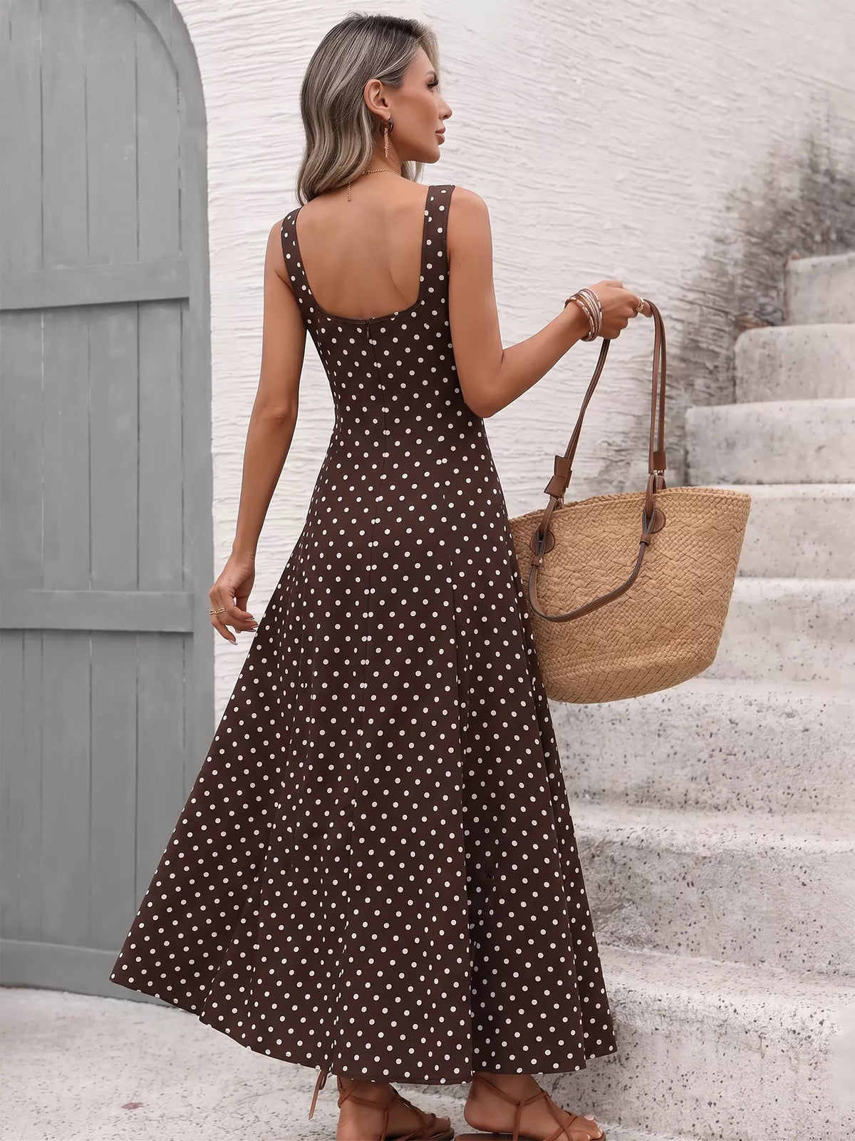 Polka dot sleeveless maxi dress in coffee brown detail view