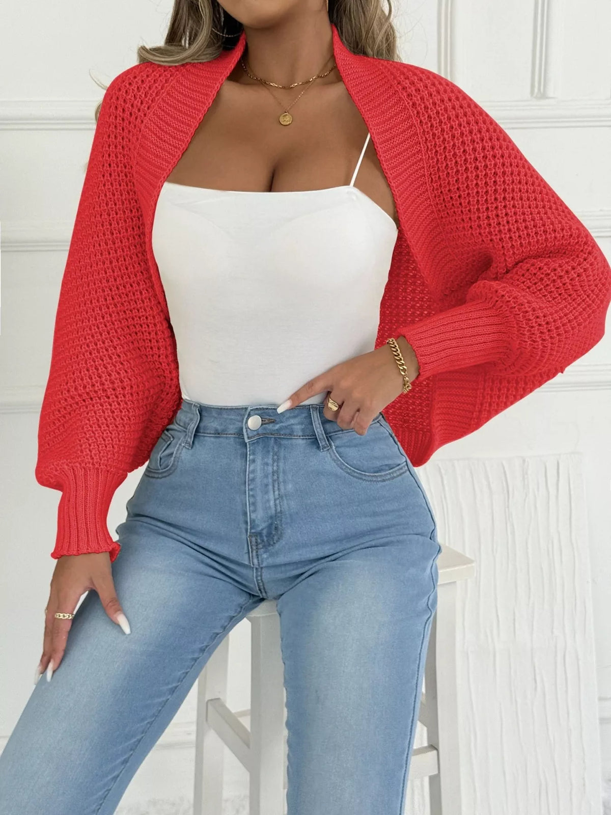 Open front batwing sleeve cardigan, draped side view