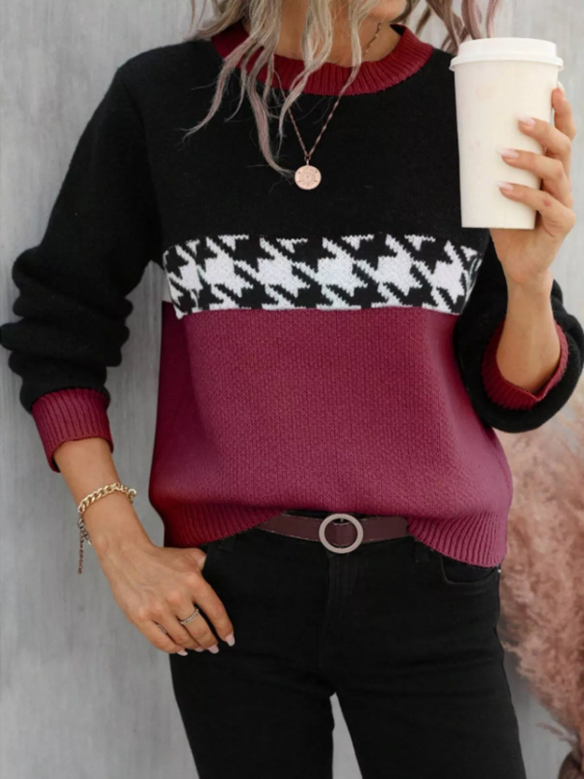 color block houndstooth sweater front view