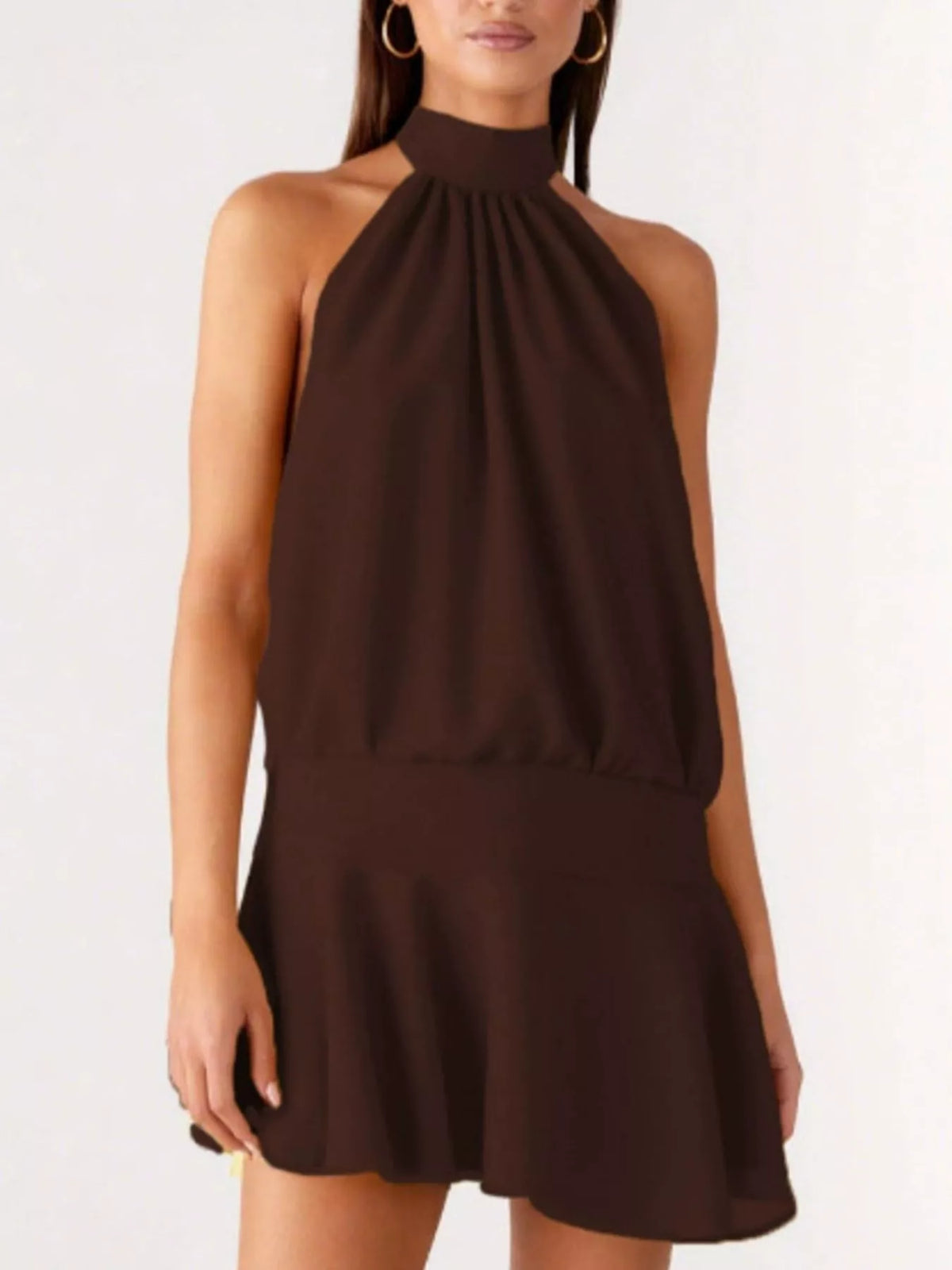Halter dress shown in a pastel yellow colourway