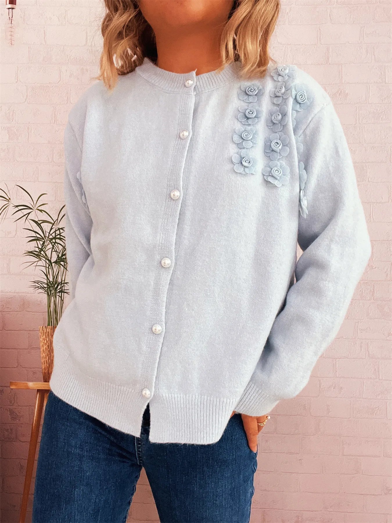 Flower Button Up Long Sleeve Cardigan Blue One Size - Fashorio