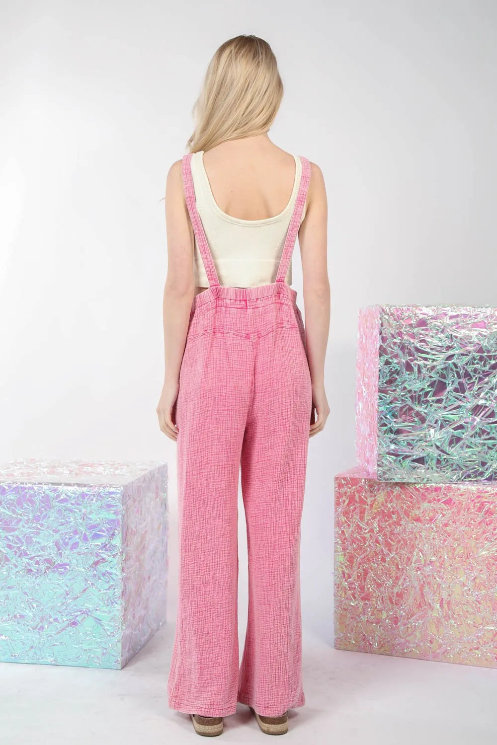Texture Washed Wide Leg Overalls back view