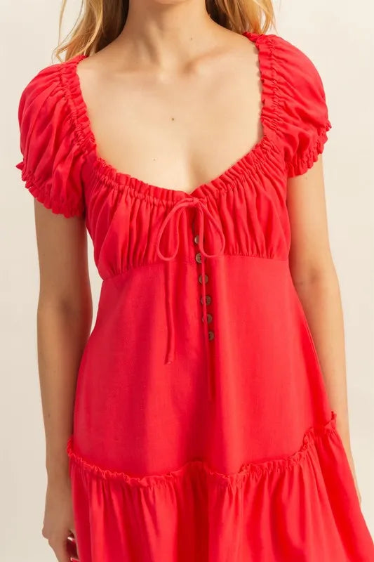 Ruched Frill Tiered Short Sleeve Mini Dress styled look