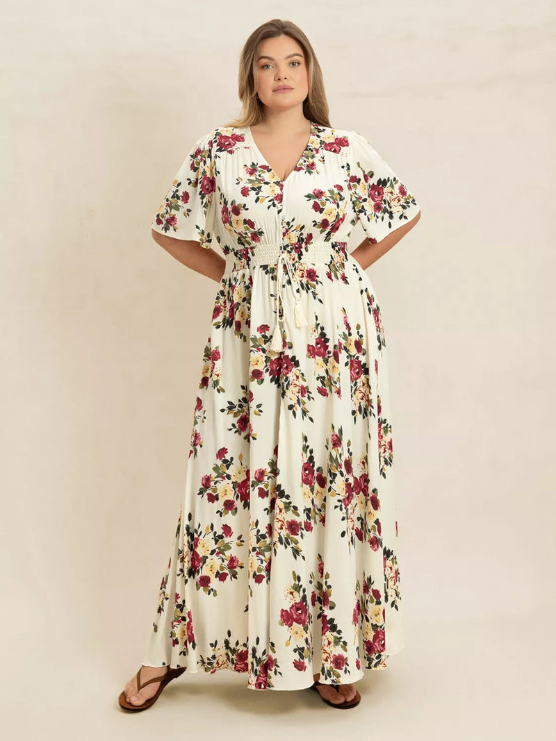 Pastel yellow floral flutter sleeve button front maxi dress front view