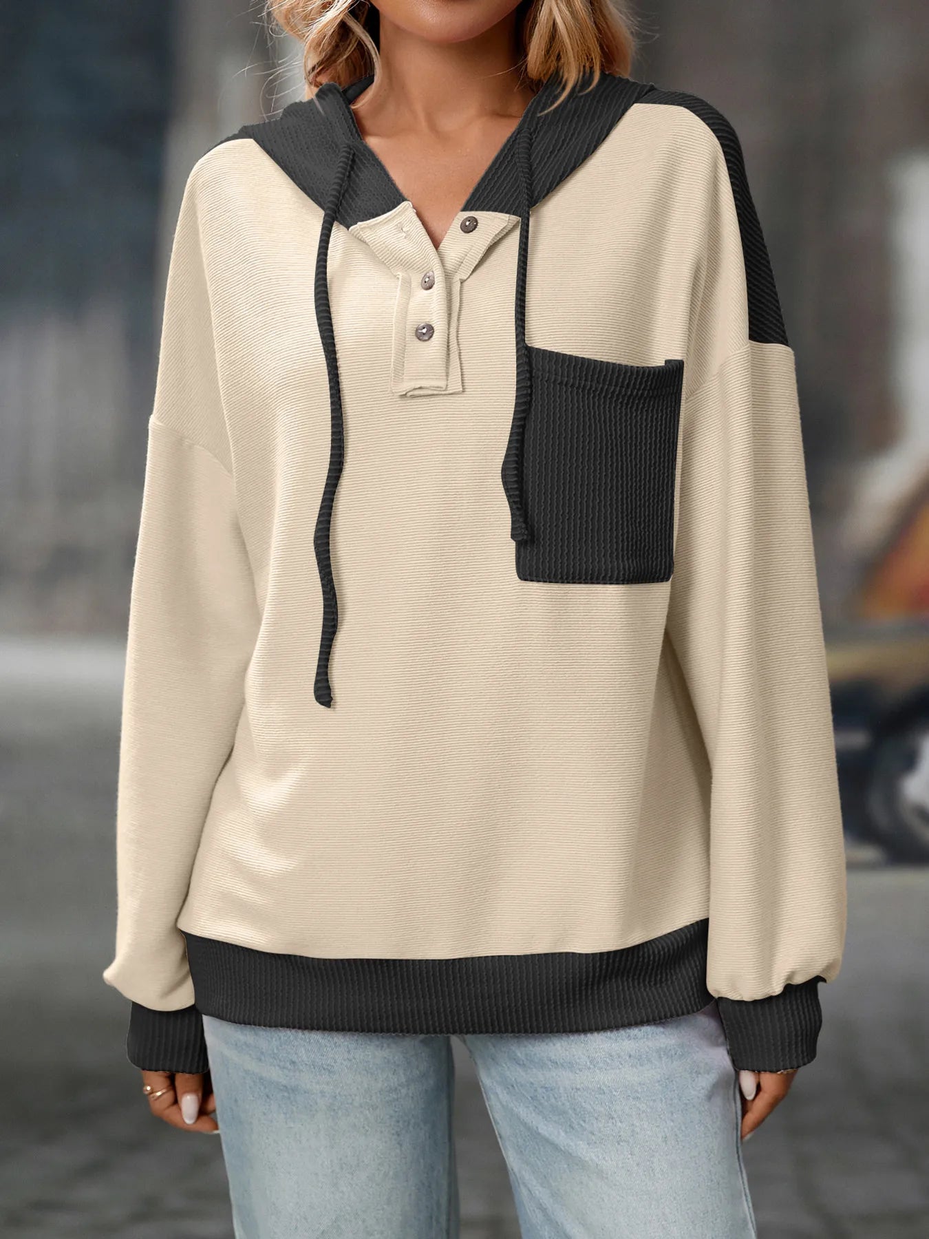 Drawstring Button Detail Long Sleeve Hoodie - Fashorio