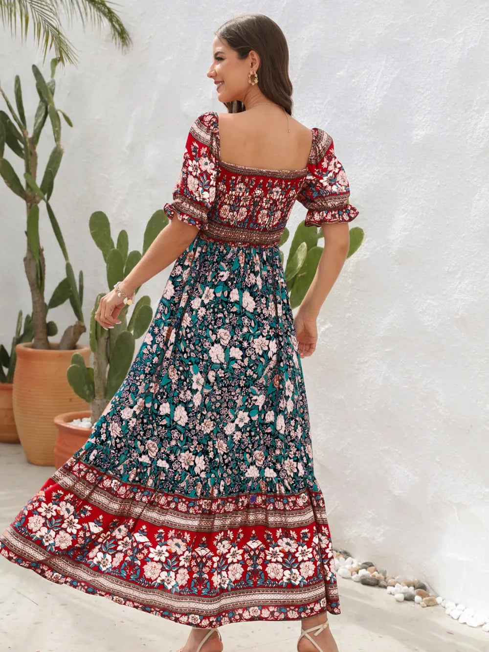 Floral flounce sleeve dress detail