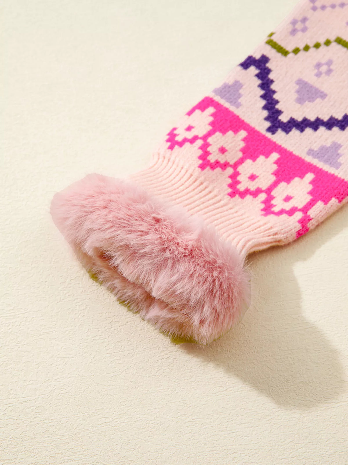 blush pink feather cuff patterned knit sweater full length view