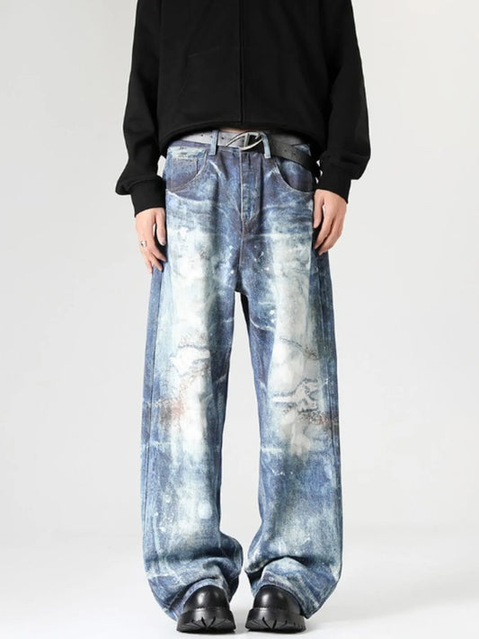 Men's Full Size Vintage Distressed Wide Leg Relaxed Fit Jeans Plus Size Dark Blue - Fashorio