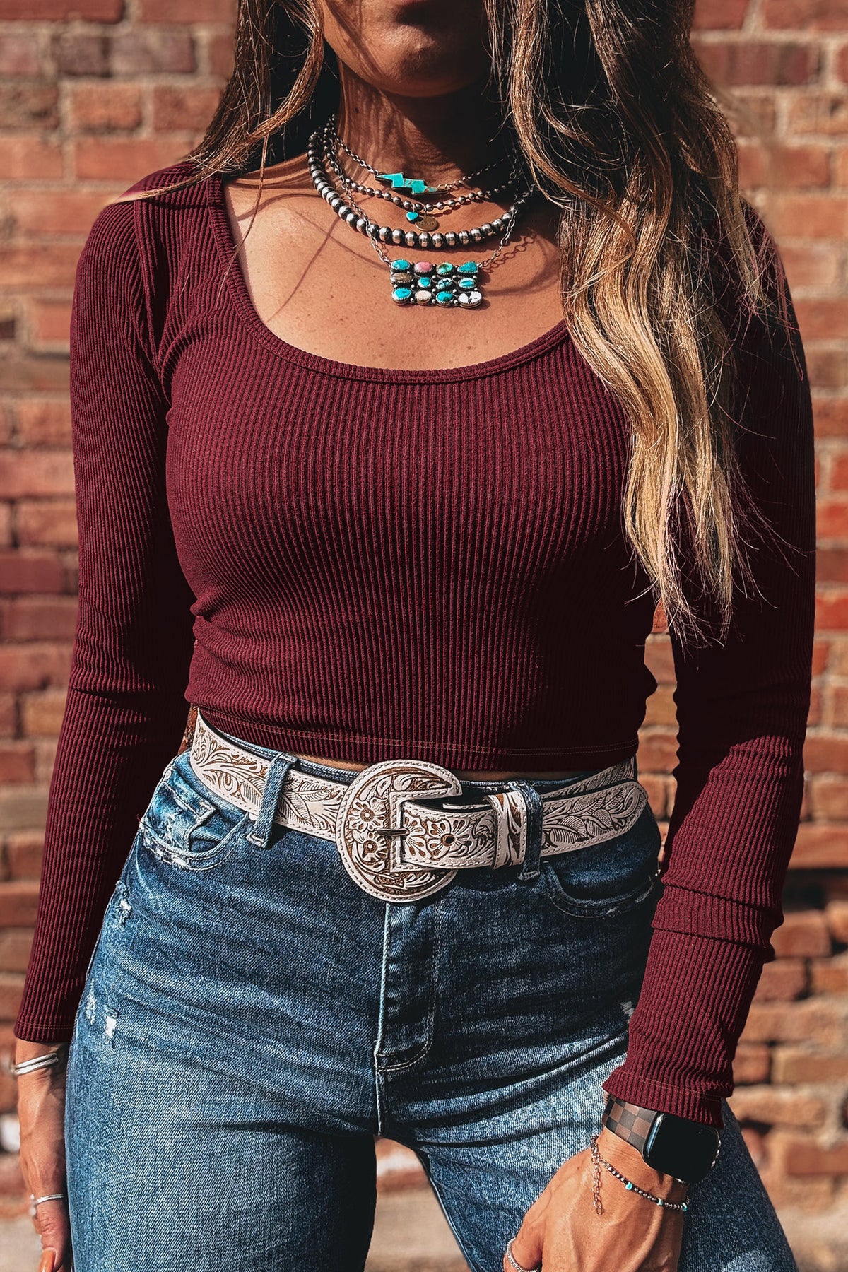 Brown ribbed crop top long sleeve front view