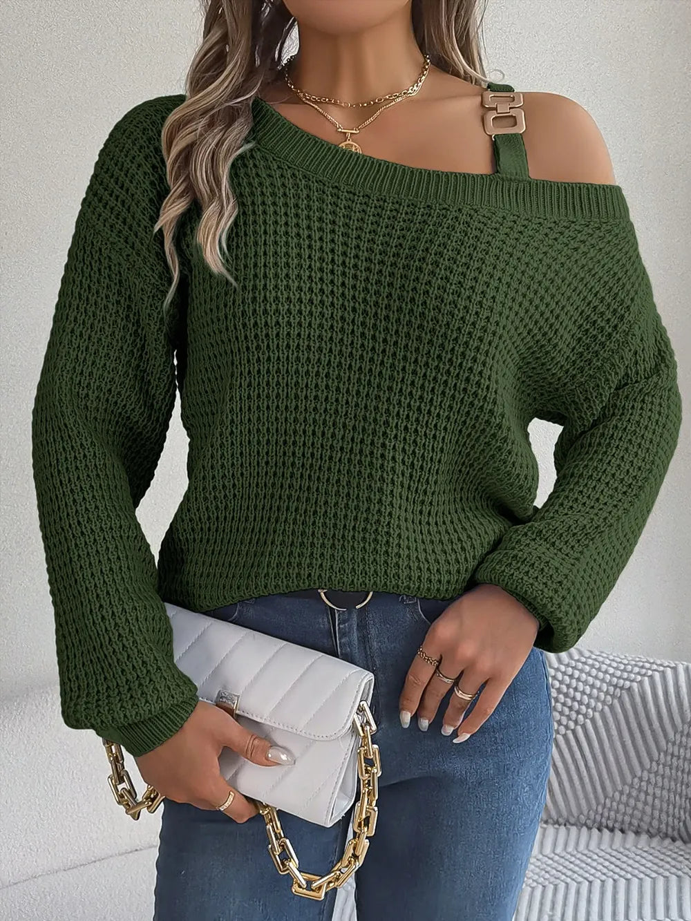 Asymmetrical Neck Long Sleeve Sweater Army Green - Fashorio