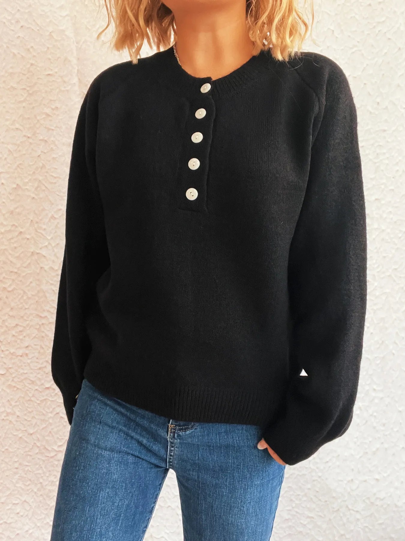 Button-Front Long Sleeve Sweater - Fashorio
