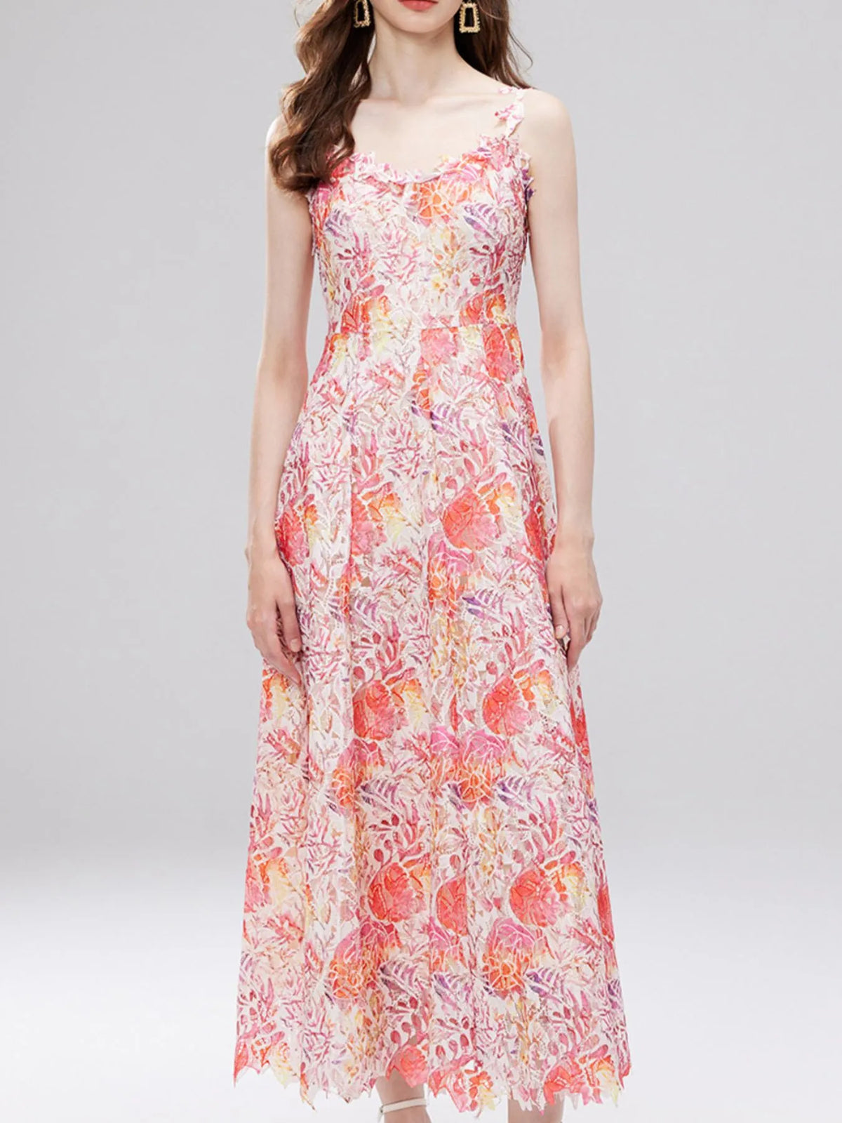 Floral Lace Sleeveless V Neck Midi Dress hemline detail 19