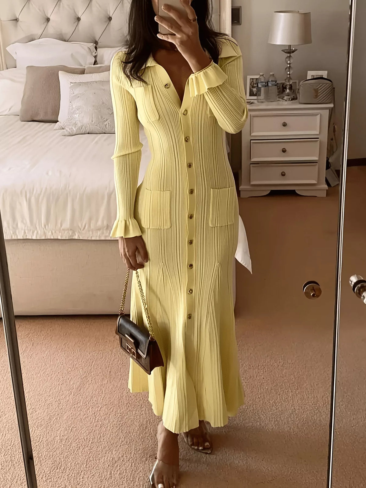 Yellow flounce sleeve knit dress back view