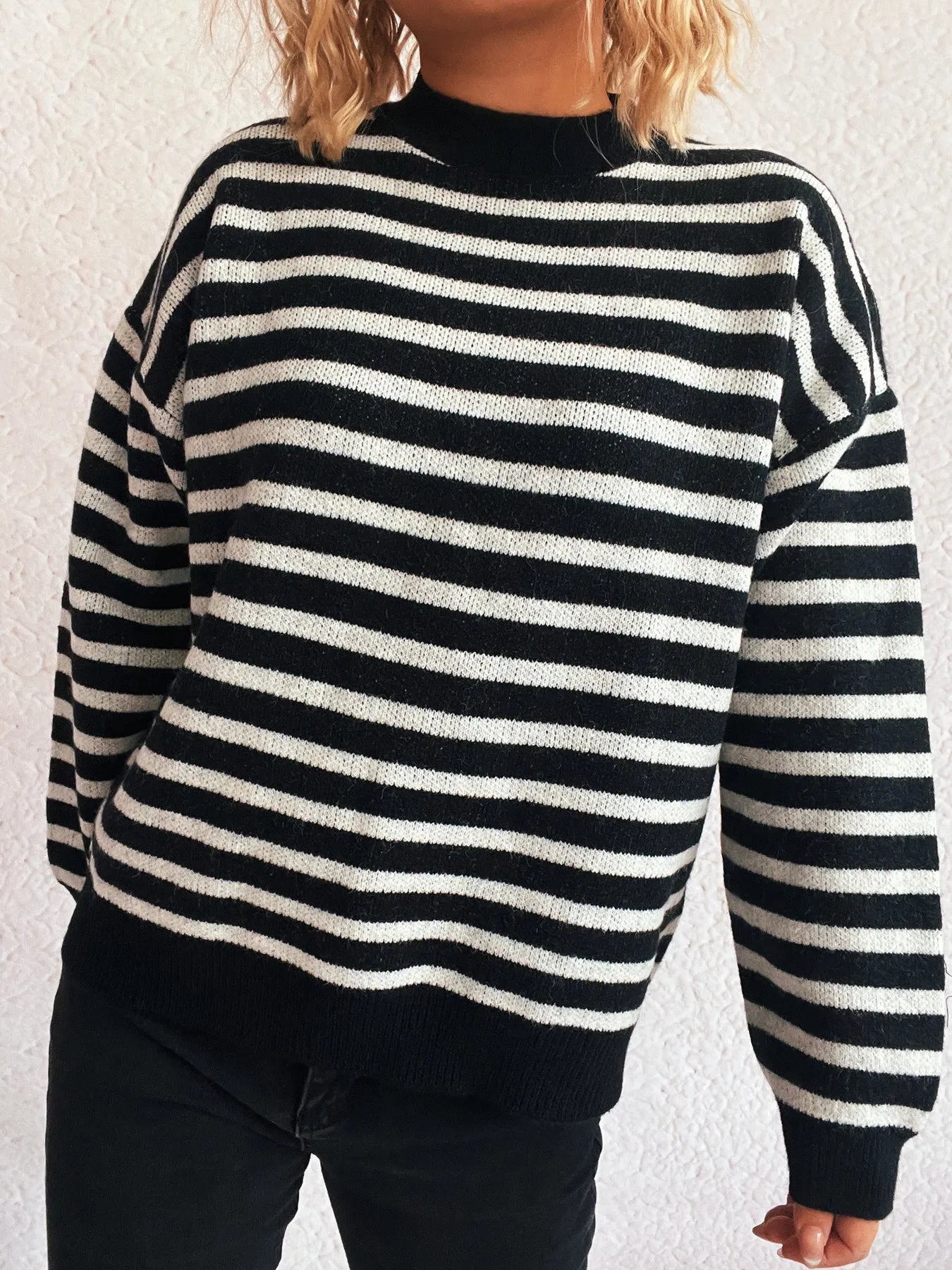 Striped Mock Neck Long Sleeve Sweater - Fashorio