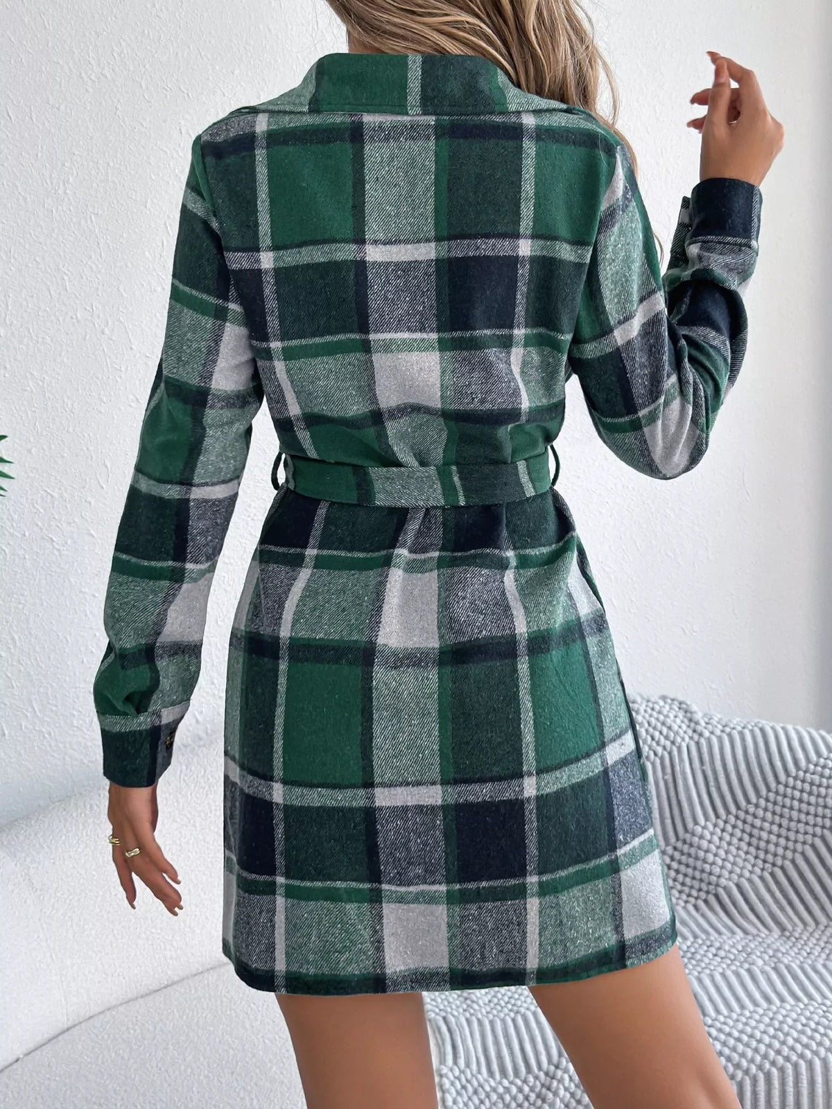 Plaid Tie Waist Shirt Dress in Green close up