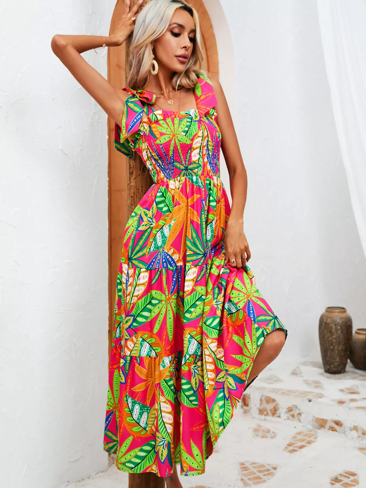Tropical print smocked tie strap dress full length view
