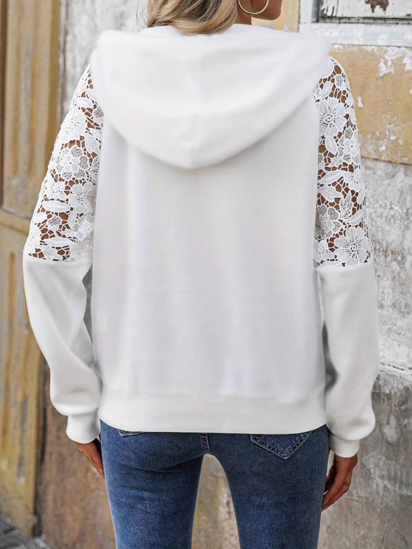 Drawstring Lace Detail Long Sleeve Hoodie - Fashorio