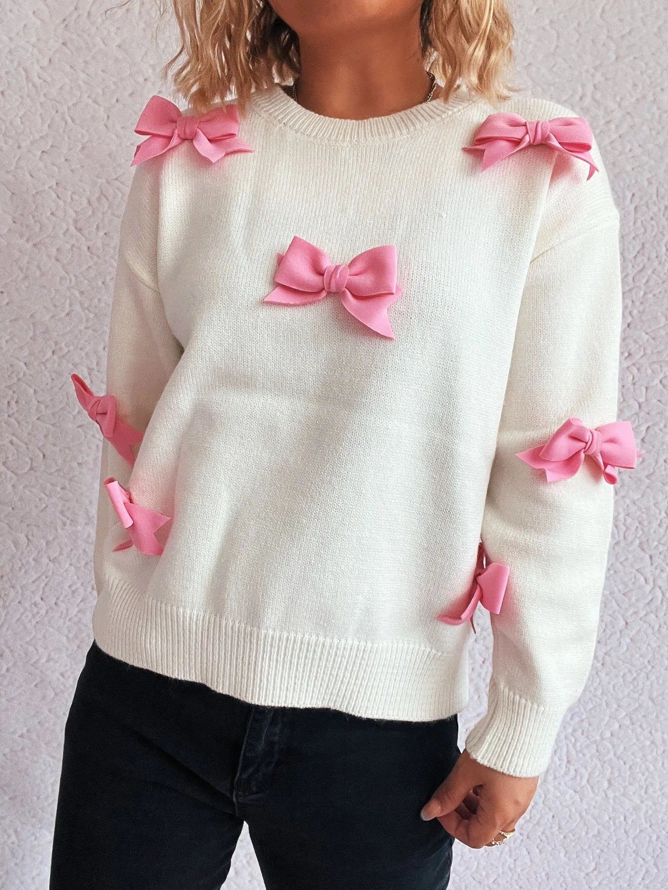 Bow Round Neck Long Sleeve Sweater - Fashorio