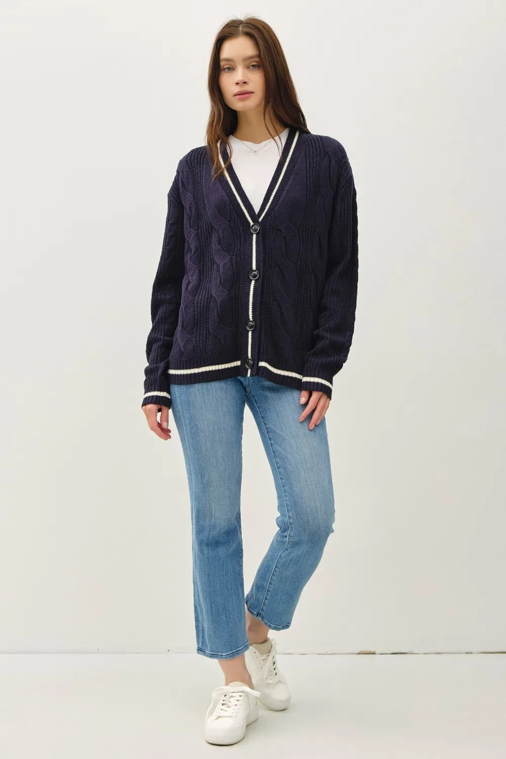Be Cool Contrast Trim Cable-Knit V-Neck Cardigan - Fashorio