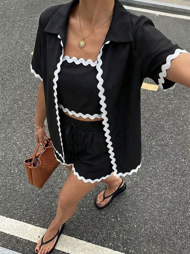 Scalloped cami cardigan and shorts set in black front view