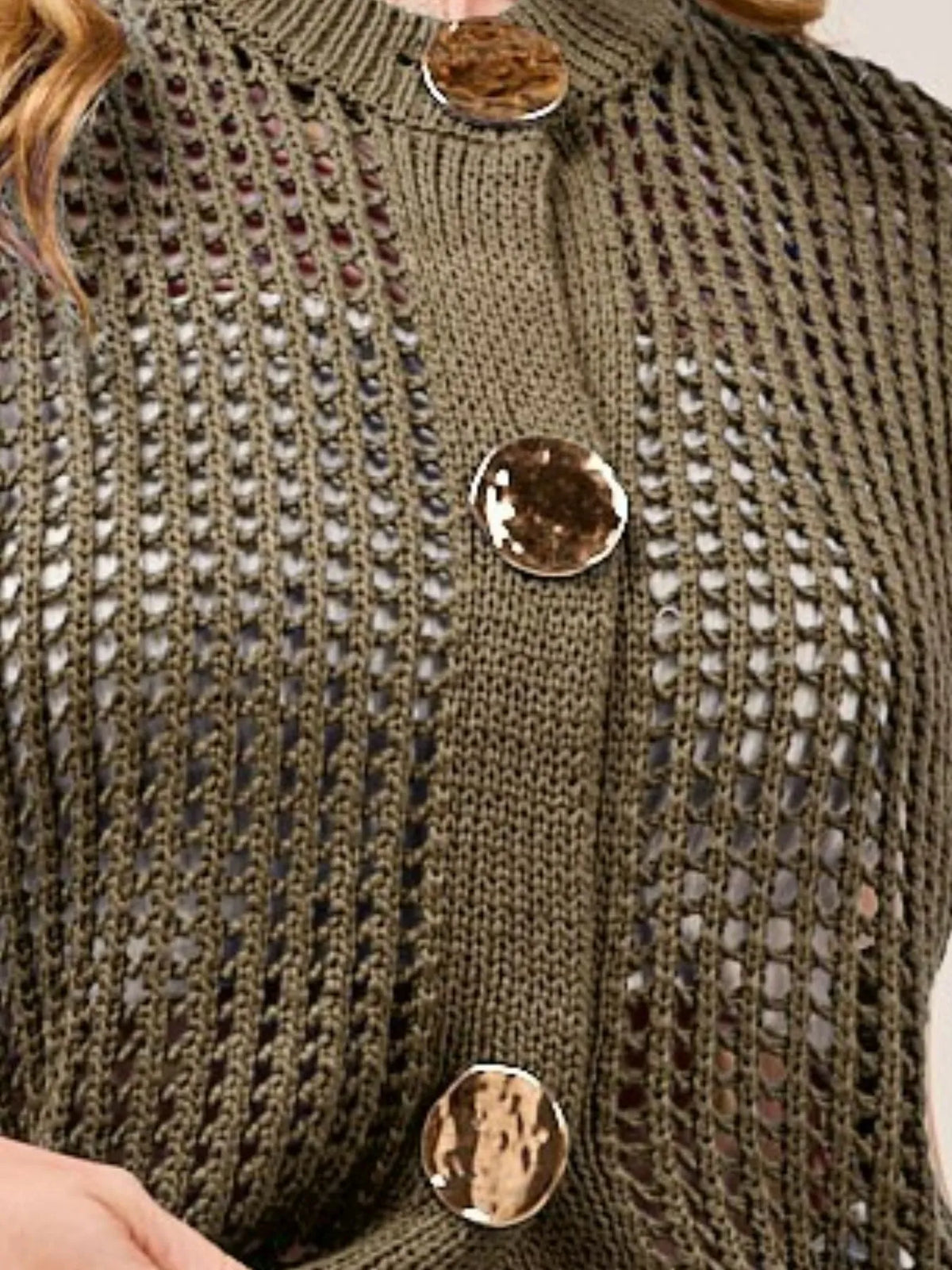 Big Button Openwork Sweater Vest in Mocha side view