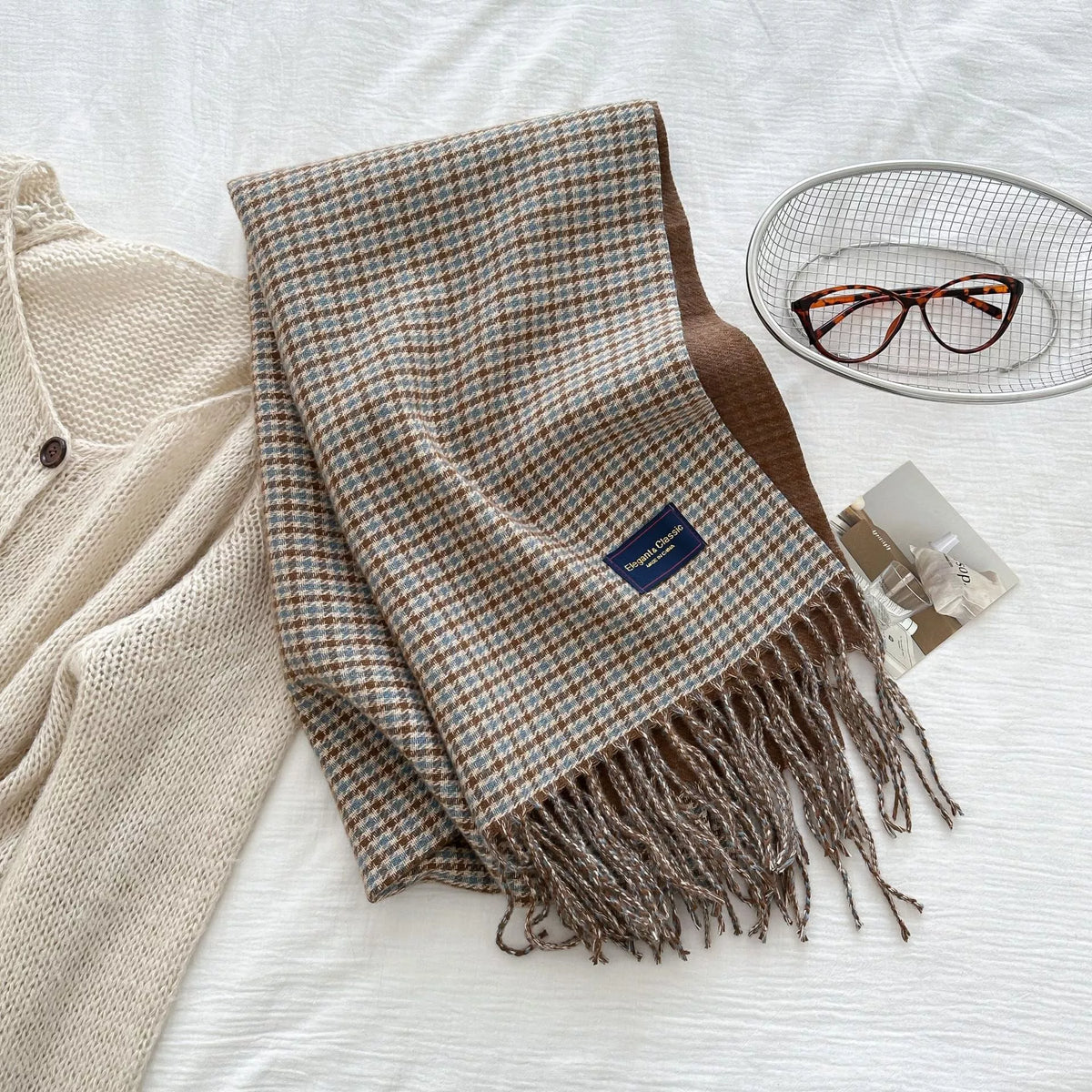 Plaid fringe warm winter scarf laid flat to show length
