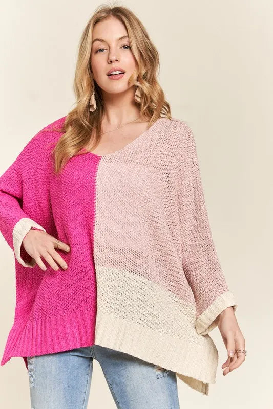 Side Slit Color Block Long Sleeve Sweater in Hot Pink styled look