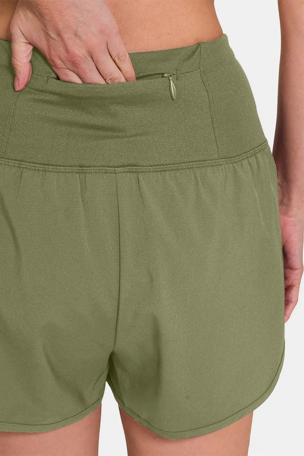 light olive Zenana high waist zip pocket active shorts fabric detail