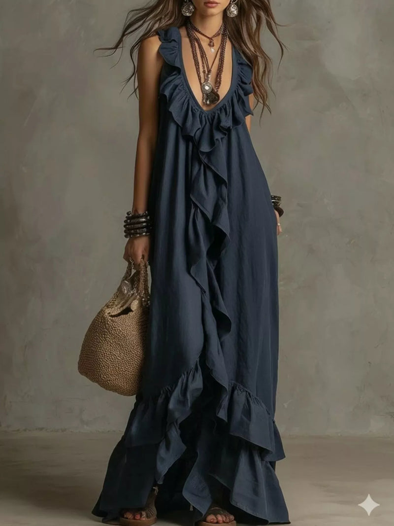 Ruffled sleeveless maxi dress front view