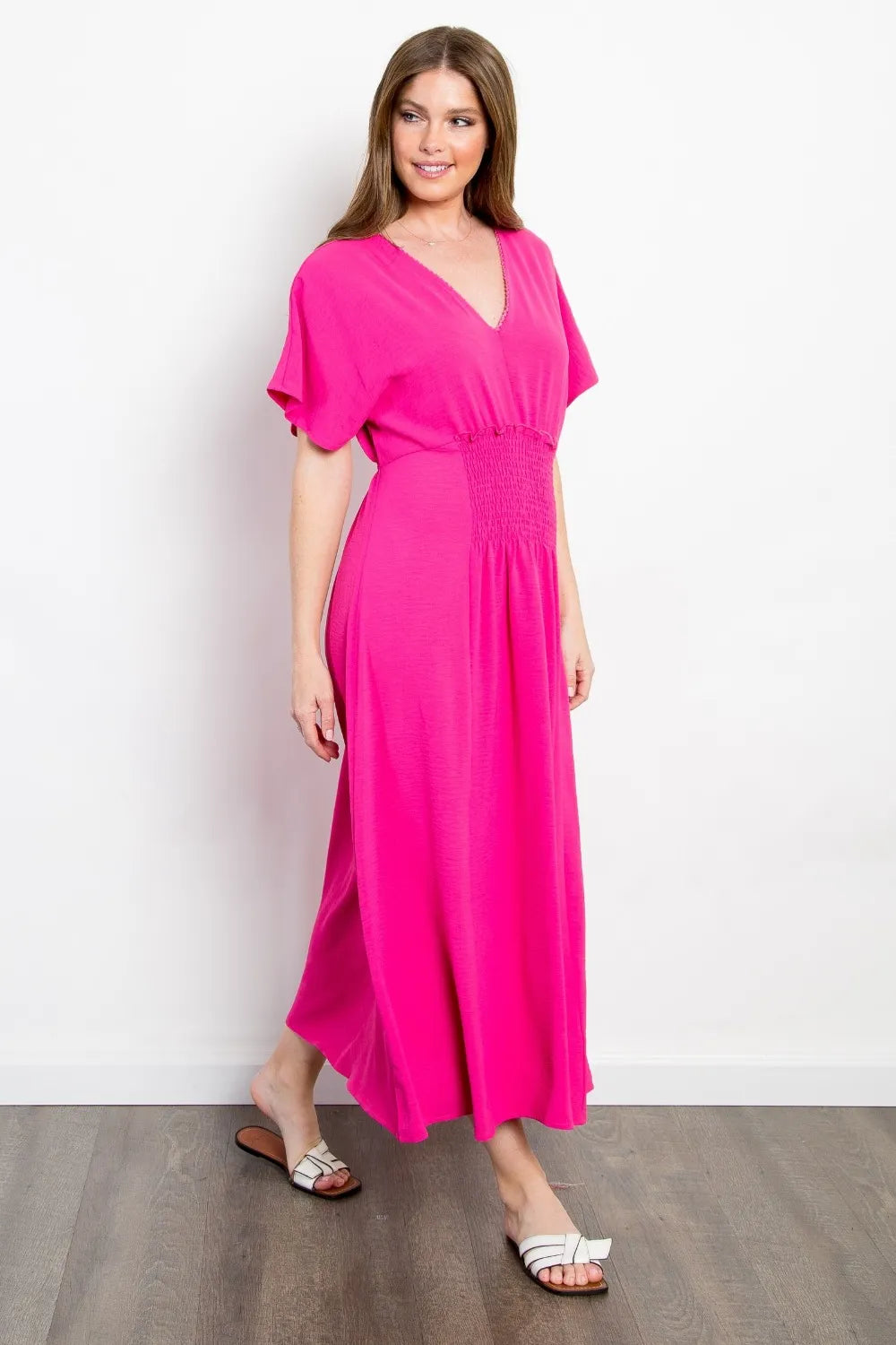 Shirred Front Short Sleeve Maxi Dress side view