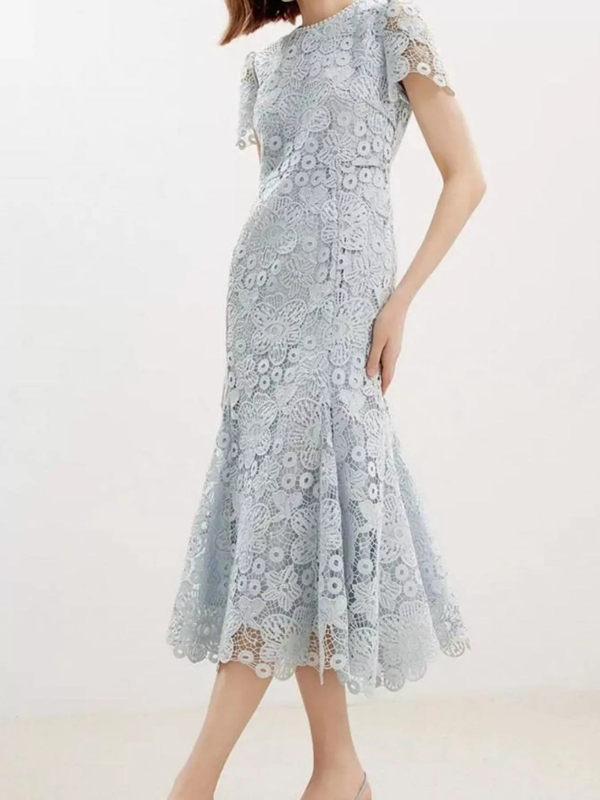 lace short sleeve mermaid dress styled full length look