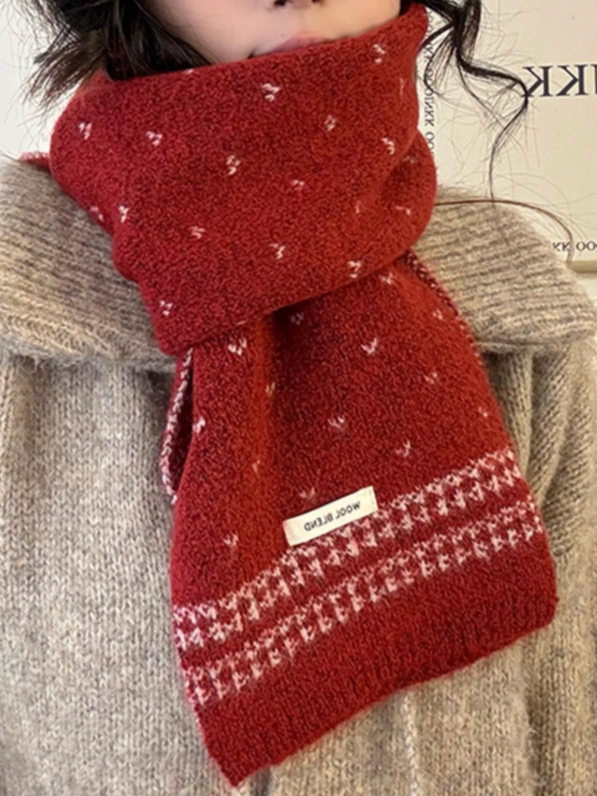 Winter warm knitted scarf laid flat to show the length