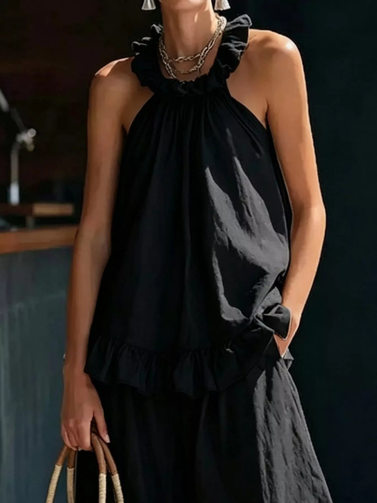 Ruffled Halter Top and Wide Leg Pants Set, view 6