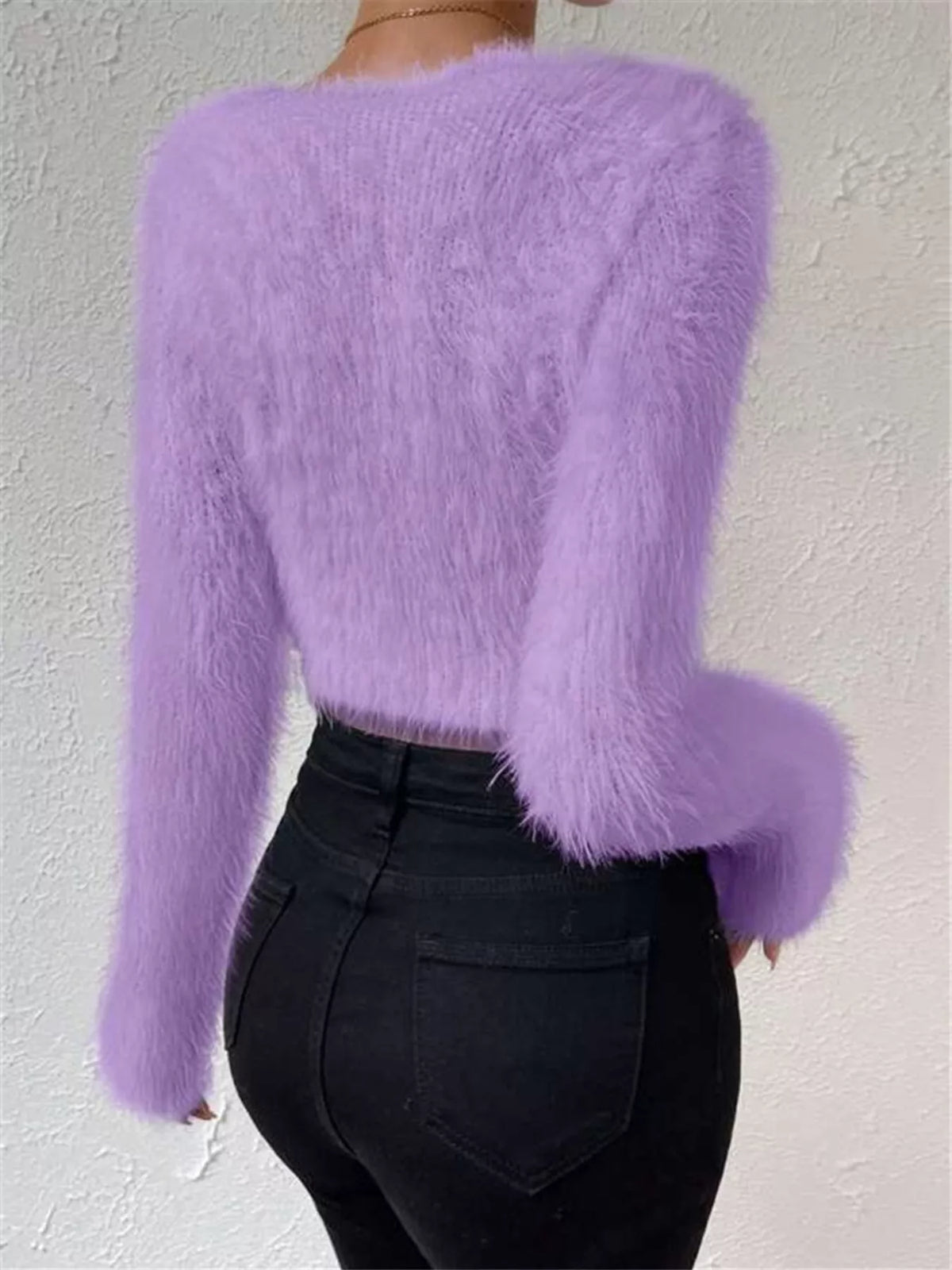 Fluffy V-neck sweater full length view