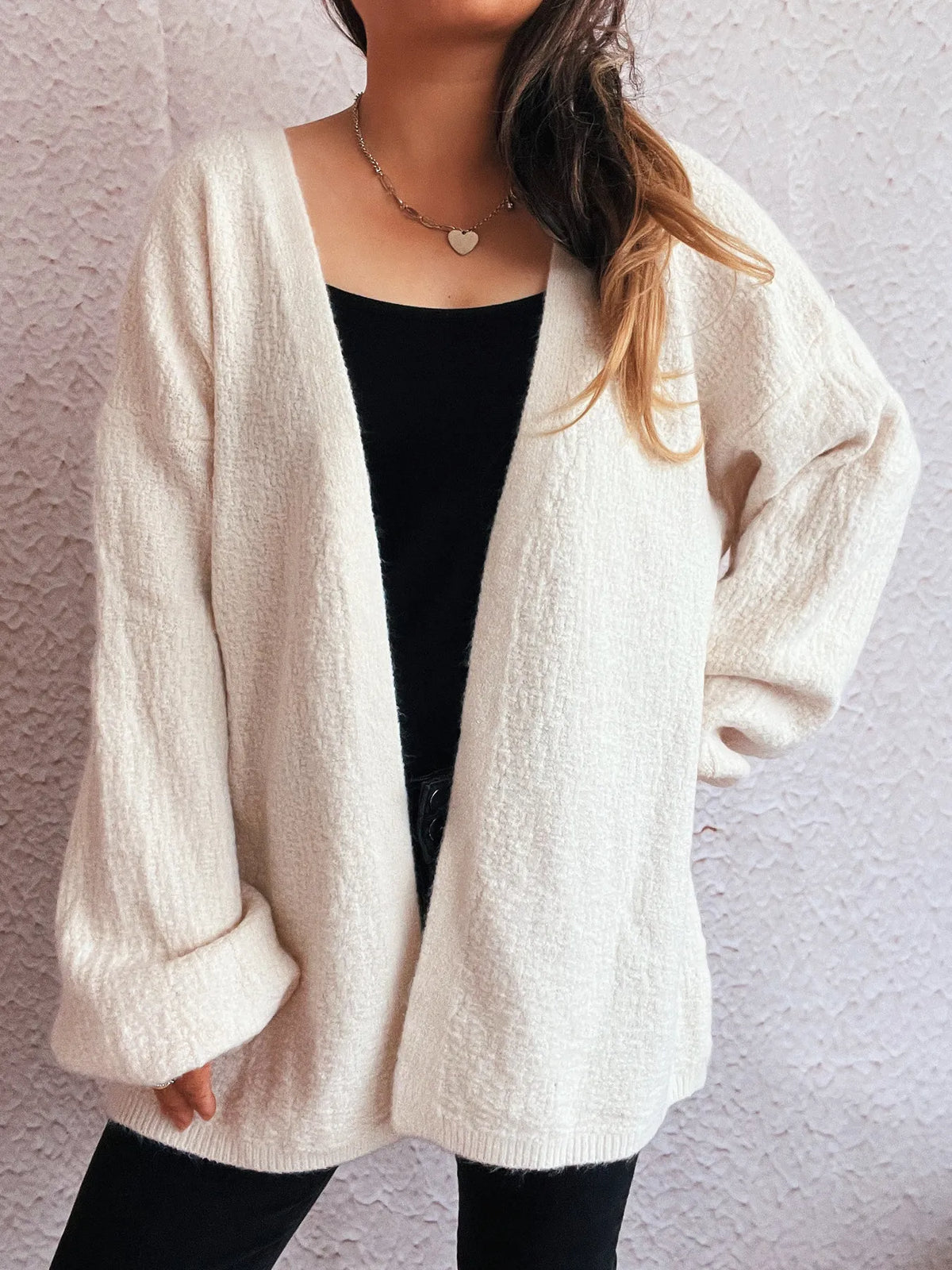 Open front cardigan side view